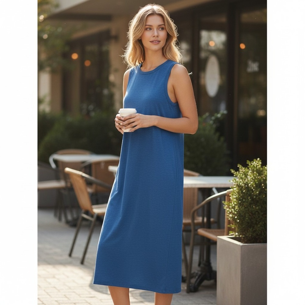 ABLE Womens Cobalt Blue Cotton Knit Sleeveless Midi Tank Dress Large